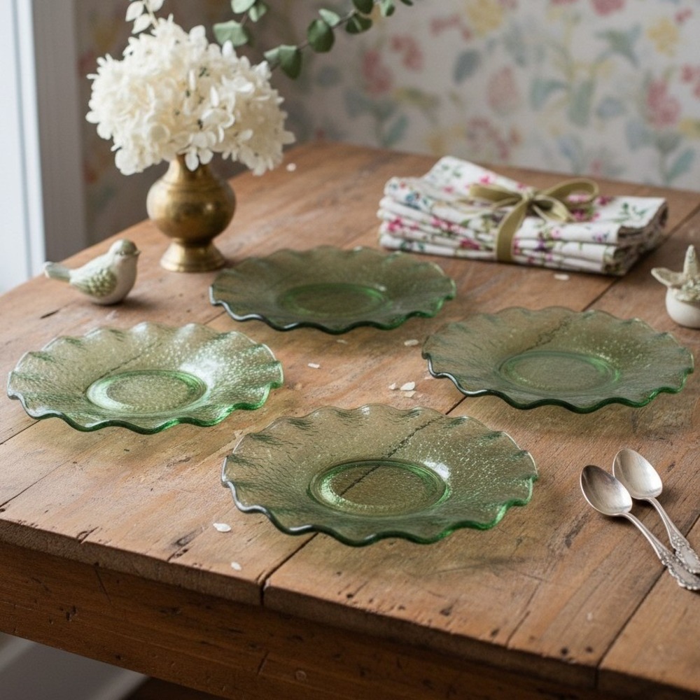Hazel Atlas Pebblestone Avocado Green Saucers, Set of 4 Vintage Depression Glass